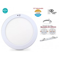 Downlight panel LED Redondo 230mm 18W, 15W ó 10W CCT seleccionable, Corte ajustable con sensor de movimiento y crepuscular